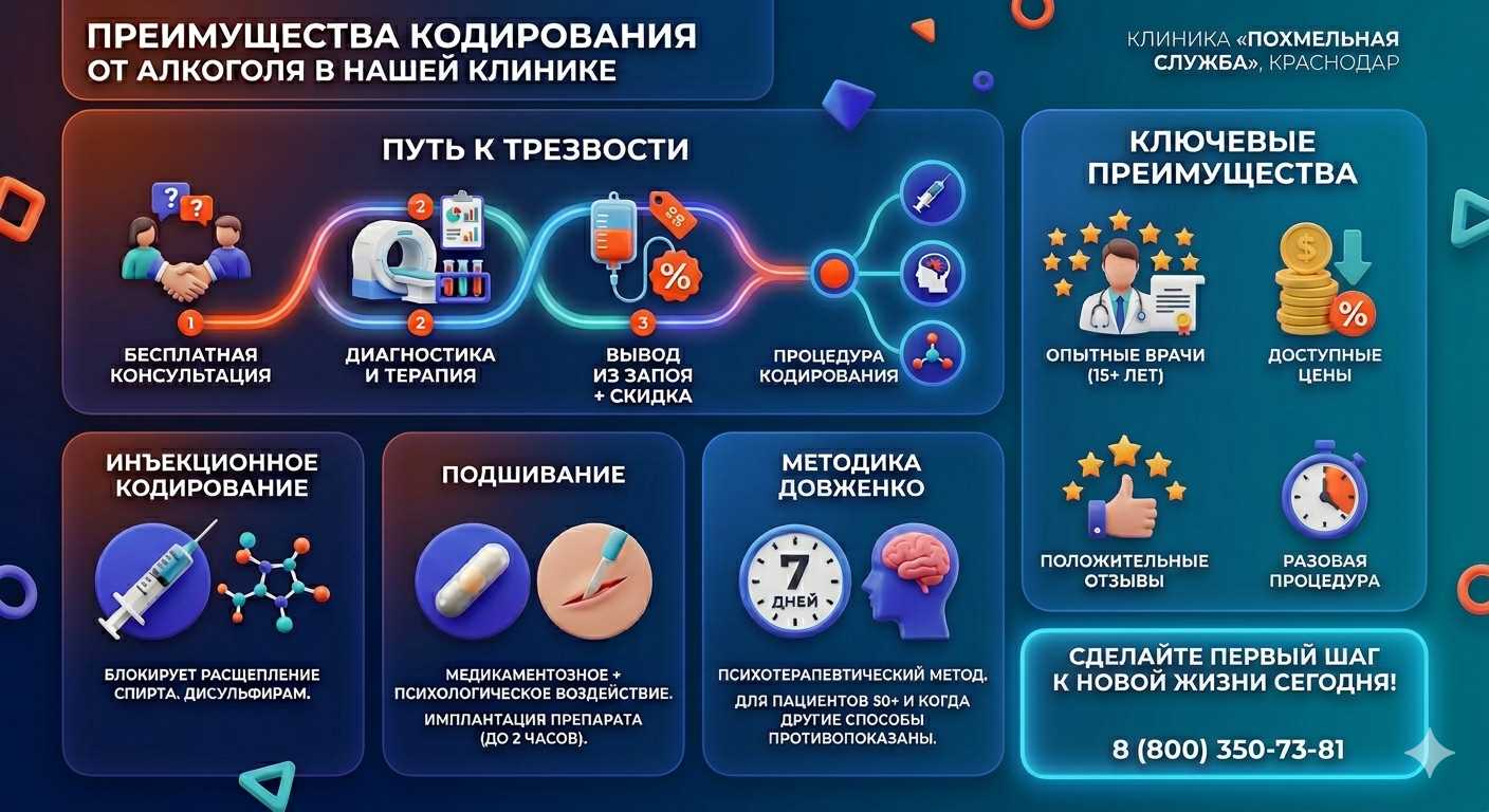 Инфографика о методах кодирования от алкоголя в Орехово-Зуево: инъекции, подшивание, метод Довженко. Преимущества клиники и этапы лечения.